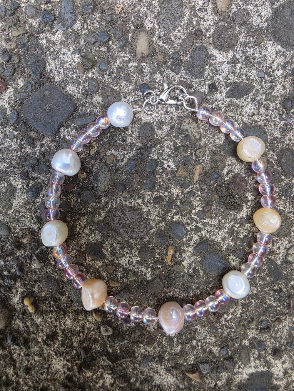 Freshwater Pearl Iridescent Glass Bead Beaded Bracelet | Silver Lobster Clasp